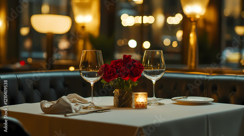 Elegant Candlelight Dinner Setup with Roses and Warm Romantic Lighting