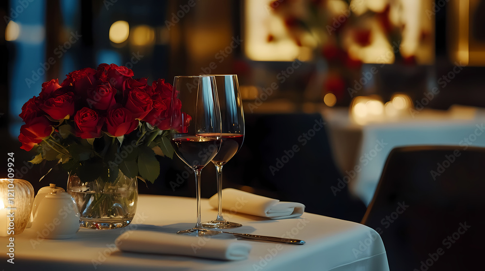 Obraz premium Elegant Candlelight Dinner Setup with Roses and Warm Romantic Lighting