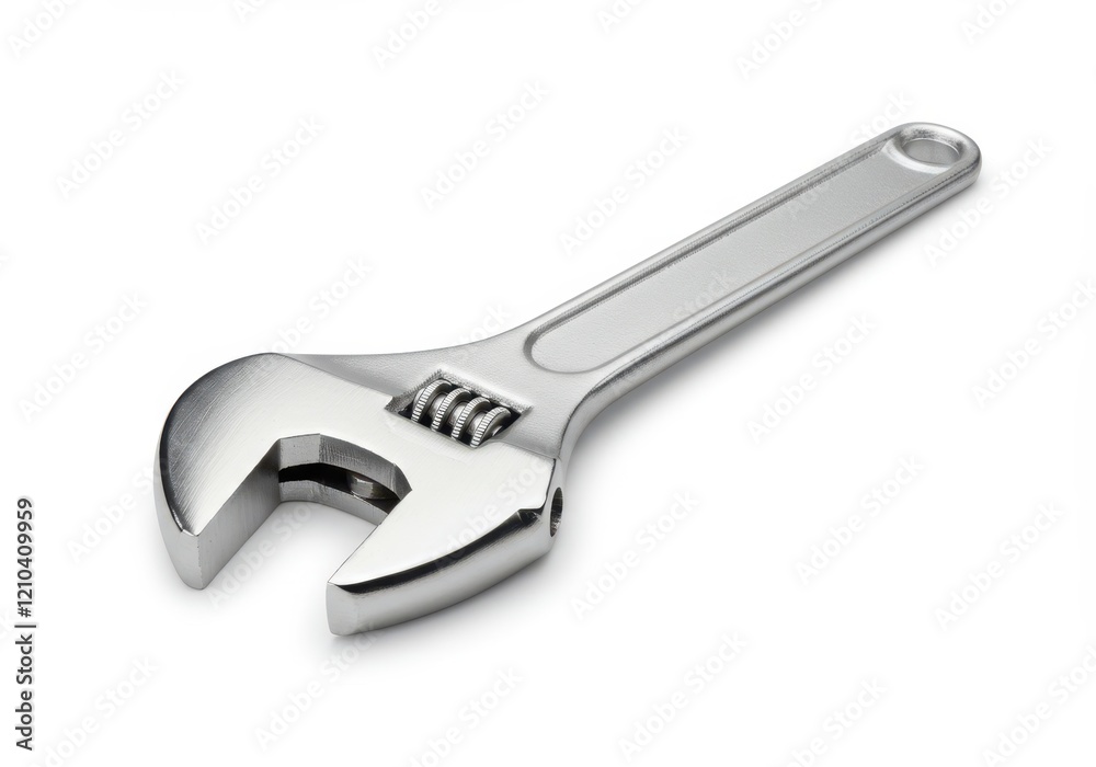 A metallic adjustable wrench with a shiny silver finish showcasing its durable and functional design isolated on a white background A metallic adjustable wrench with a shiny silver finish showcasing its durable and functional design isolated on a white background