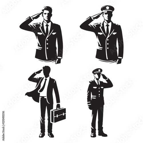 Artistic-themed set of saluting man silhouette digital art offering creative flexibility and options - man saluting vector set - man saluting illustrations set
