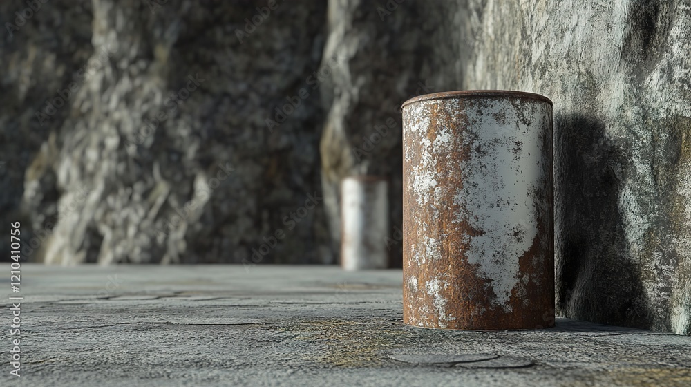Rusty Can Against Weathered Stone Wall: Post-Apocalyptic Texture Rusty Can Against Weathered Stone Wall: Post-Apocalyptic Texture