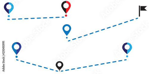 The flight path of the aircraft from the point of location along the dotted line. Flight route from a waypoint with an airplane silhouette. Vector elements.