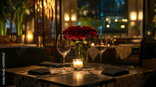 Elegant Candlelight Dinner Setup with Roses and Warm Romantic Lighting