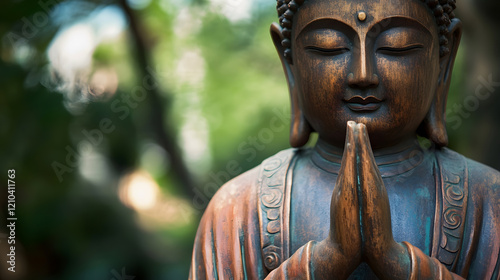 Peaceful Wooden Buddha Statue Amidst Lush Greenery Symbolizing Serenity and Meditation : Generative AI