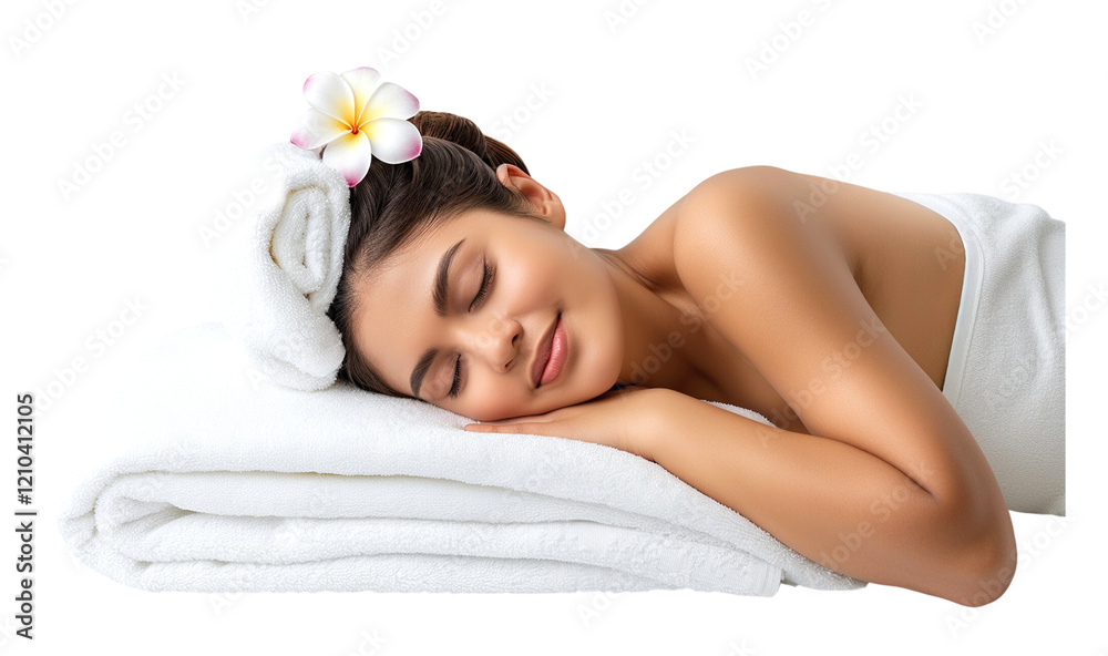 Woman lying with white towel, spa treatment isolated on a transparent background, PNG