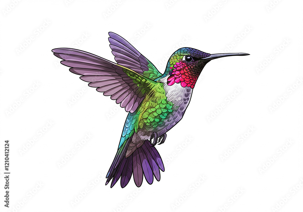 Fototapeta premium Vibrant Hummingbird in Flight Detailed Illustration Colorful Bird Nature Art