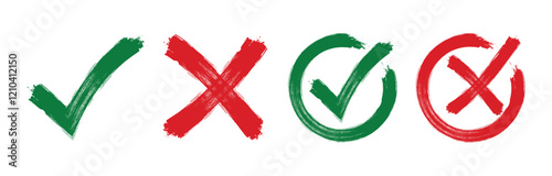 Grunge Check mark icon set with editable strokes. Accepted, rejected, approved, disapproved, right, wrong, correct, false, true, done symbols.