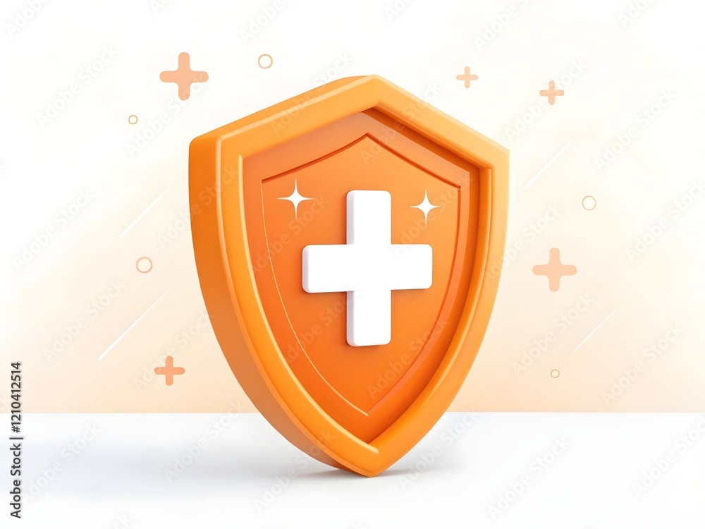 Obraz premium Yellow and white medical shield with a prominent blue cross, symbolizing healthcare protection, isolated on white background. 3D icon, sign and symbol. Side view. 3D Render Illustration 