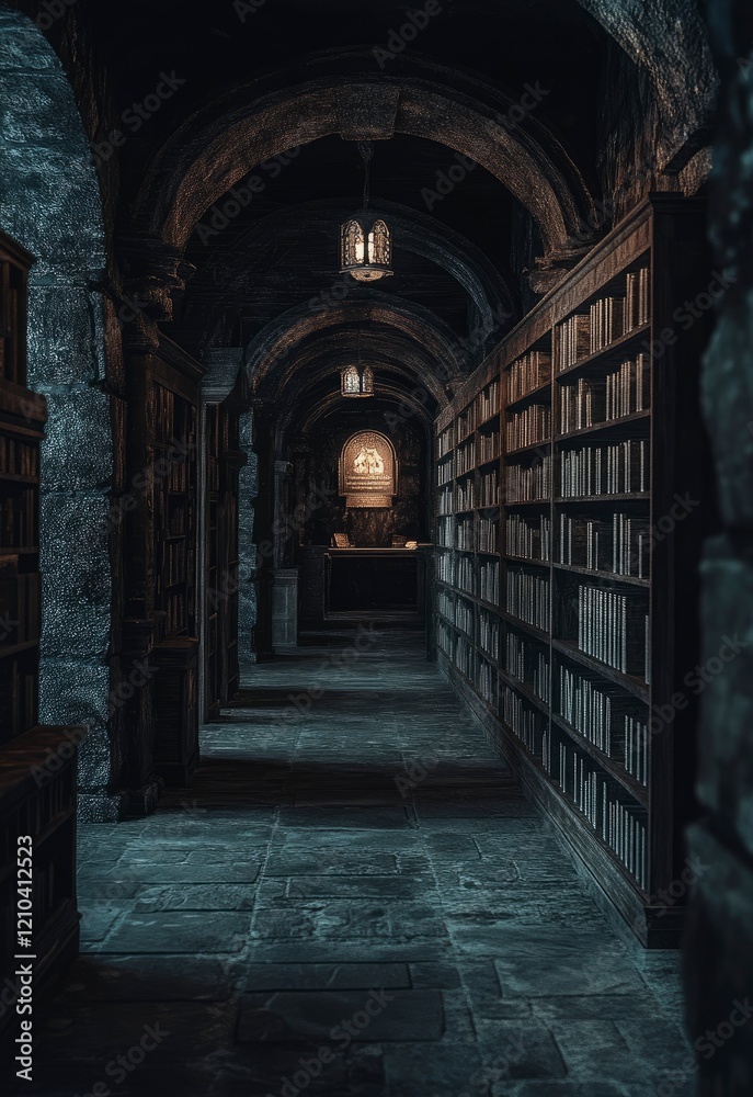 Fototapeta premium Dark Mysterious Library Hallway with Ancient Books
