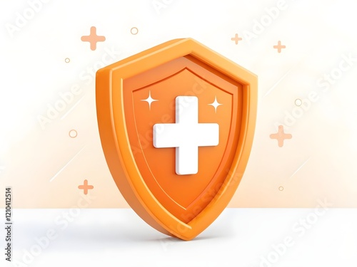 Yellow and white medical shield with a prominent blue cross, symbolizing healthcare protection, isolated on white background. 3D icon, sign and symbol. Side view. 3D Render Illustration
