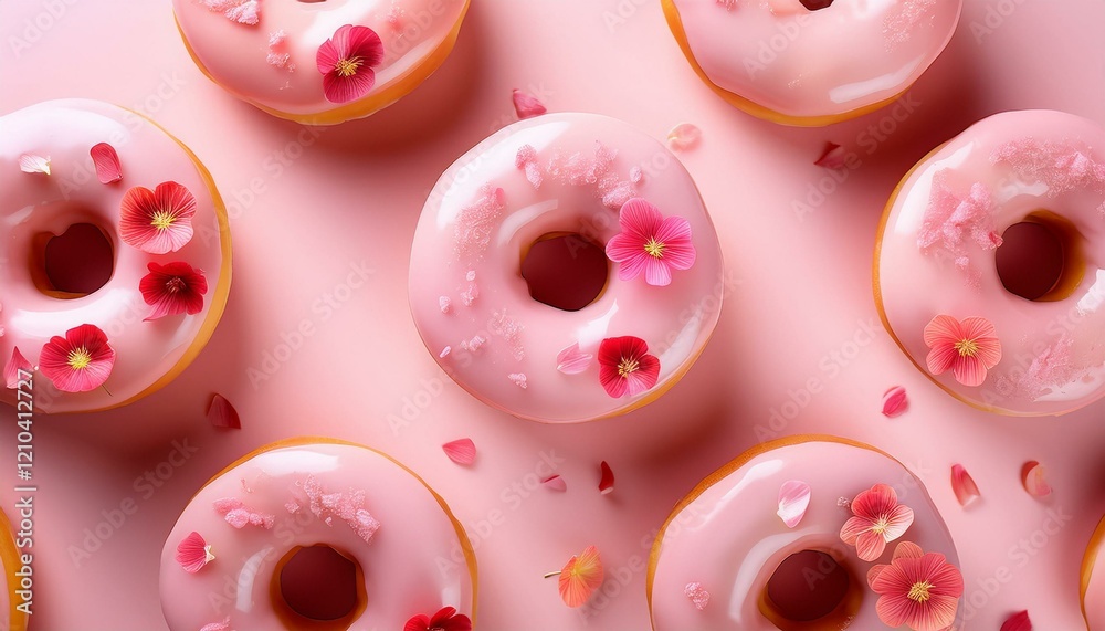 Donuts mit Erdbeer-Glasur und Rosenblüten – Romantisches Dessert-Design auf Rosa