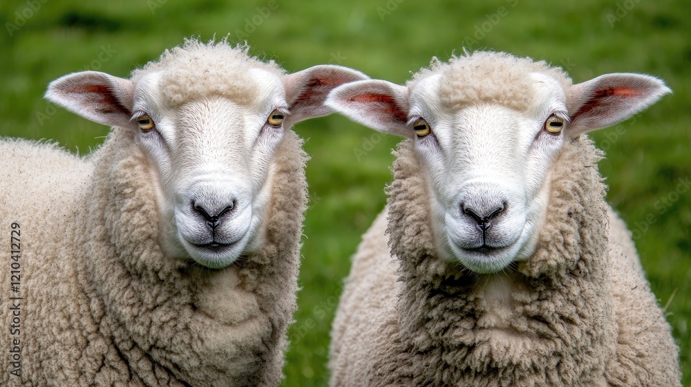Two Fluffy Sheep Facing Forward in a Green Field Two Fluffy Sheep Facing Forward in a Green Field