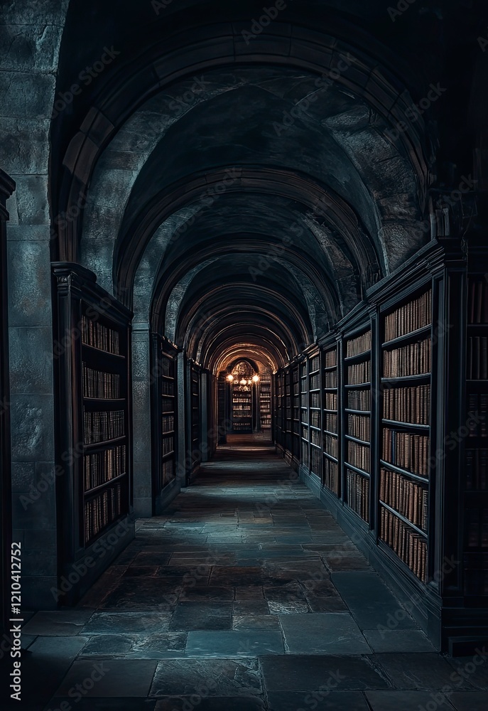 Dark Arched Library Hallway with Ancient Books Dark Arched Library Hallway with Ancient Books