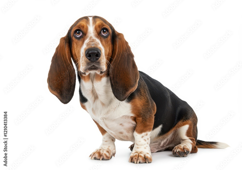 A basset hound dog sitting upright with floppy ears and a curious expression, showcasing its tricolor coat, isolated on a white background A basset hound dog sitting upright with floppy ears and a curious expression, showcasing its tricolor coat, isolated on a white background