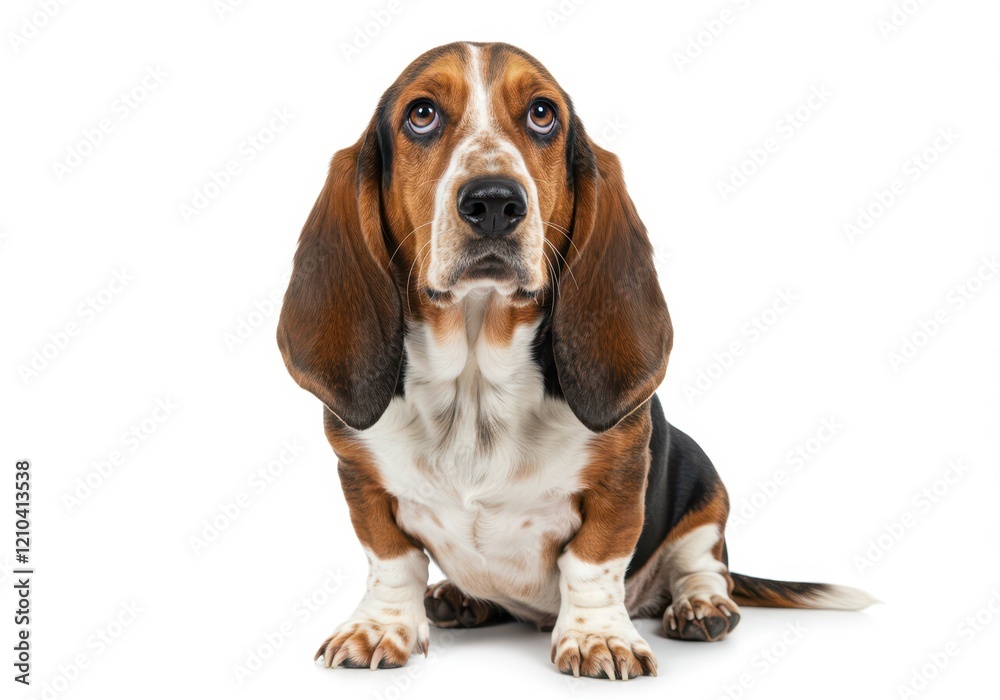 A basset hound dog sitting upright with floppy ears and a curious expression, showcasing its tricolor coat, isolated on a white background A basset hound dog sitting upright with floppy ears and a curious expression, showcasing its tricolor coat, isolated on a white background