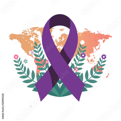 Global awareness ribbon graphic with floral and nature elements.