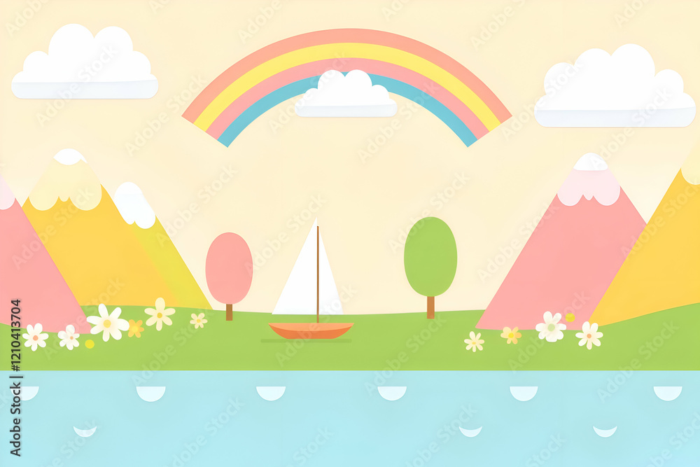 Delightful pastel landscape featuring sailboat, rainbow, mountains, and flowers. Perfect for children's books, websites, and whimsical designs. Delightful pastel landscape featuring sailboat, rainbow, mountains, and flowers. Perfect for children's books, websites, and whimsical designs.