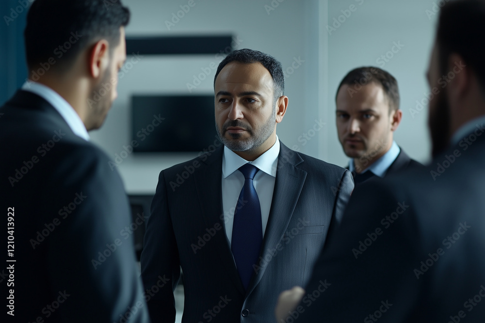 man in a suit is standing in front of two other men in suits. He is looking at the camera with a serious expression. The other two men are looking at him as well man in a suit is standing in front of two other men in suits. He is looking at the camera with a serious expression. The other two men are looking at him as well