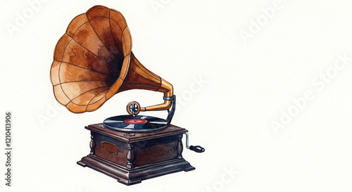 Vintage Gramophone Watercolor Painting Antique Music Player Illustration Retro Sound Device Image