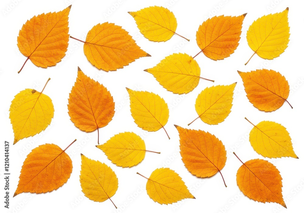 A scattered group of orange and yellow autumn leaves with visible veins isolated on white background A scattered group of orange and yellow autumn leaves with visible veins isolated on white background
