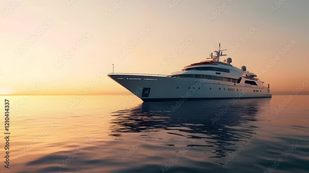 A luxurious yacht in calm waters during a stunning sunset, reflecting warm hues across the surface, creating a serene and tranquil atmosphere A luxurious yacht in calm waters during a stunning sunset, reflecting warm hues across the surface, creating a serene and tranquil atmosphere