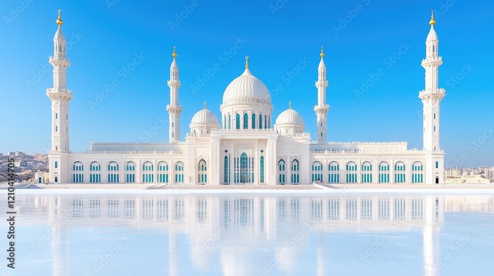 Obraz premium The majestic Sheikh Zayed Grand Mosque in Abu Dhabi stands under a clear blue sky with its white domes and minarets reflected in the polished courtyard.
