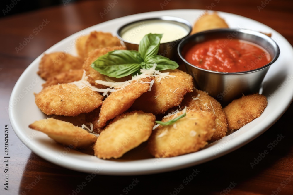 Delicious Toasted Ravioli with Marinara Sauce: Fried and Breaded, topped with Cheese, Tomatoes and Italian Flavors Delicious Toasted Ravioli with Marinara Sauce: Fried and Breaded, topped with Cheese, Tomatoes and Italian Flavors