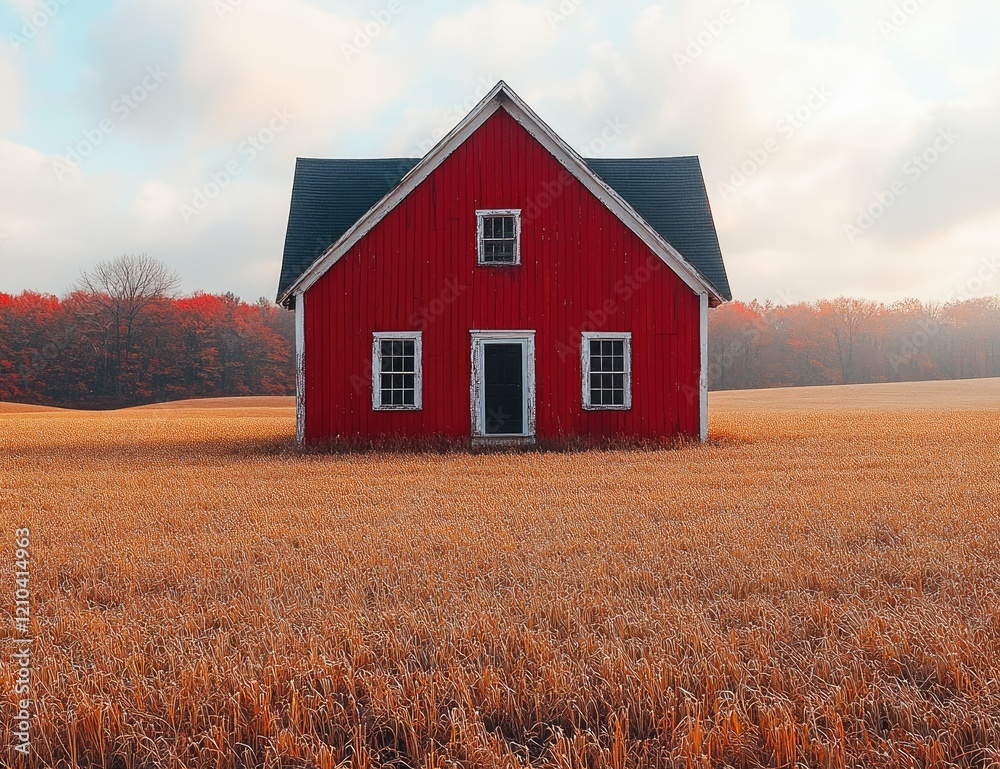 Rustic red house surrounded by golden fields rural landscape photographic view peaceful environment Rustic red house surrounded by golden fields rural landscape photographic view peaceful environment