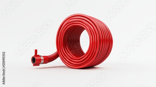 A rolled-up fire hose with a nozzle attached displayed on a solid white background, single object photo