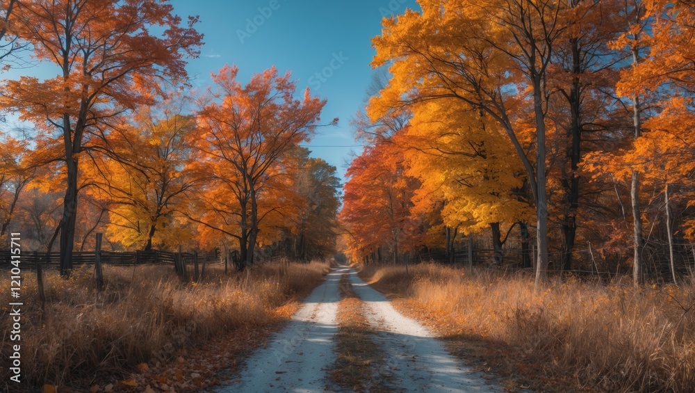 Desolate rural pathway through vibrant fall foliage Desolate rural pathway through vibrant fall foliage