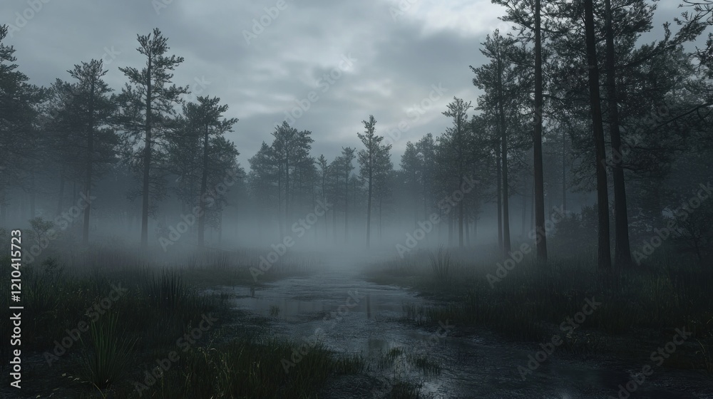 Obraz premium Misty forest scene with a stream.
