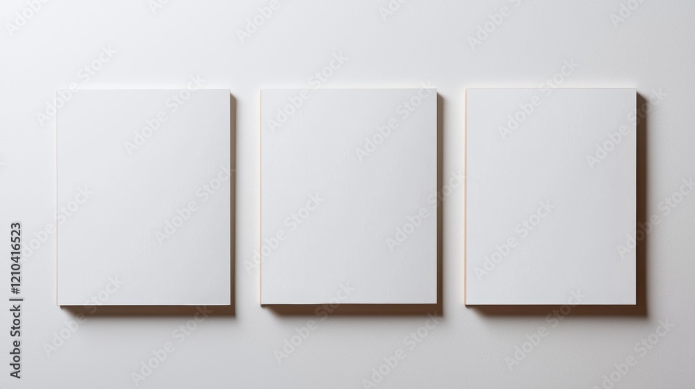 Minimalist display of three blank white notes taped to a clean white background with beige adhesive tape, perfect for mockup or design concepts Minimalist display of three blank white notes taped to a clean white background with beige adhesive tape, perfect for mockup or design concepts