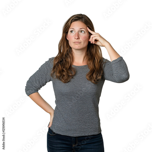 A curious woman with one hand on her hip and the other pointing, exuding a thoughtful and inquisitive demeanor