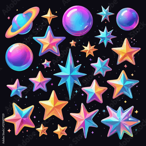 3D holographic stars, space, planets set with metallic shine Vector illustration for Y2K retro cyber design. Isolated with bright reflective neon rainbow gradients, perfect for futuristic visuals