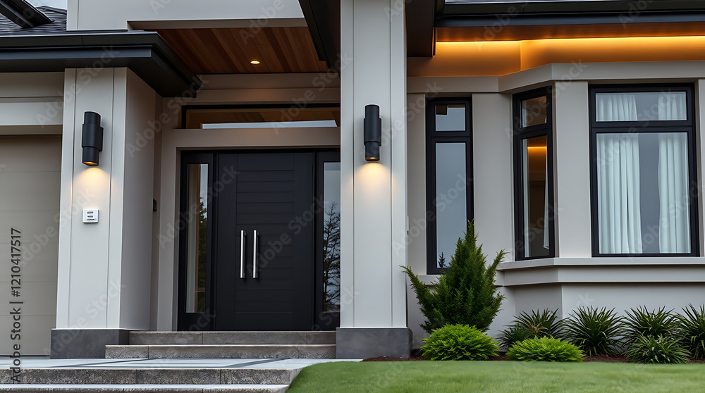 Fototapeta premium Modern House Exterior: Contemporary Home Design, Luxury Real Estate, Night View