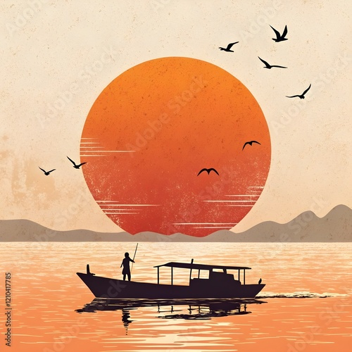 Bright colors sunset sky with sun reflection in lake with traditional fisherman asian boats silhouettes, vector banner illustration
