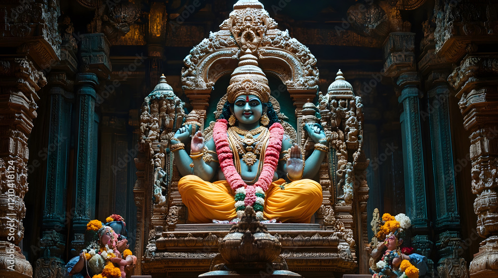 Fototapeta premium Exquisite Stone Sculpture of Hindu Deity in Ornate Temple Setting : Generative AI