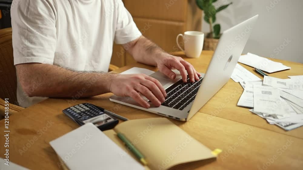 financial calculations accounting. a man keeps home accounting, calculates the family budget, works with taxes, documents, sitting at home in a cozy environment. High quality FullHD footage
