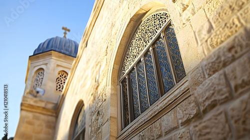 Sunlit Window with Intricate Designs on Historic Church Building : Generative AI