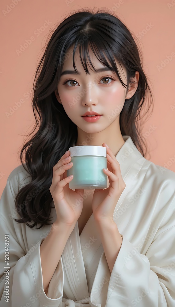 Beautiful Woman Holding Aqua Cream Jar Skincare Product Beautiful Woman Holding Aqua Cream Jar Skincare Product