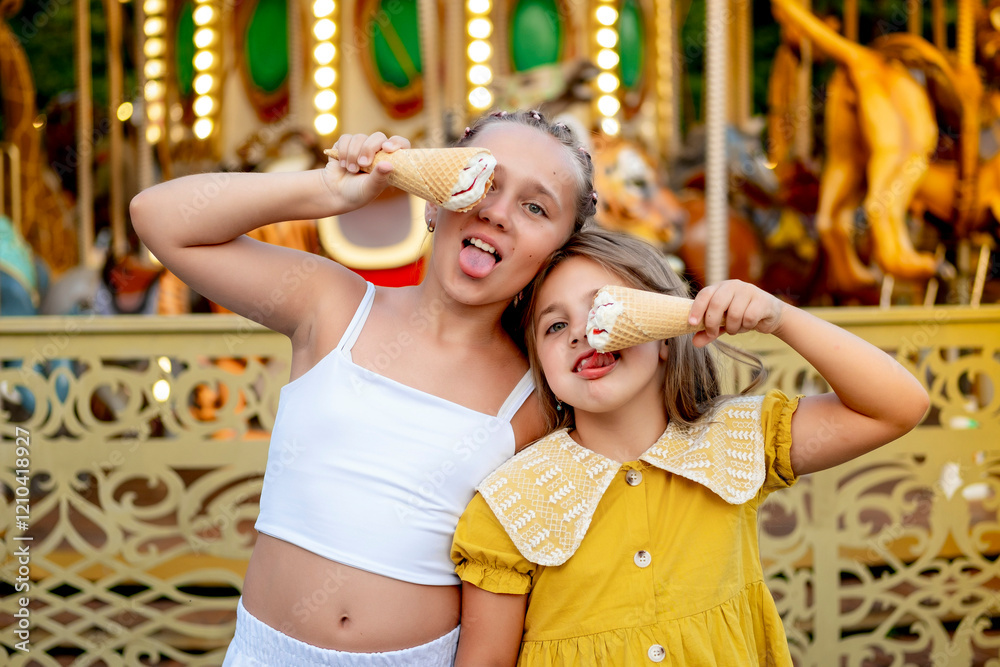 Obraz premium children in the amusement park and attractions, happy children eating ice cream and enjoying the holidays and summer, two girls came to the carousel