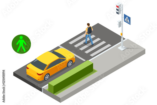 An isometric vector of a pedestrian confidently walking across a crosswalk while a blue car patiently stops. The signal is green for pedestrians. Traffic regulation on pedestrian crossing.