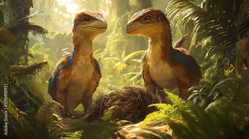 Oviraptors Vigilantly Overseeing Their Nest in a Rich and Serene Sandy Landscape Full of Life photo