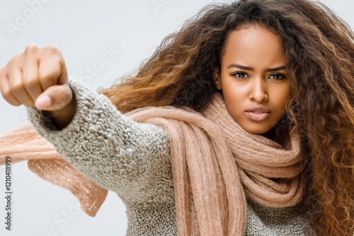 Empowering expression of a Latina cancer survivor wearing a pink scarf and symbolizing strength and resilience against breast cancer photo