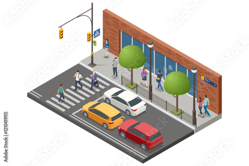 An isometric city design of pedestrian crossing with vehicles stopping at signal. Pedestrians are walking, waiting, or crossing safely. Traffic regulation on pedestrian crossing.