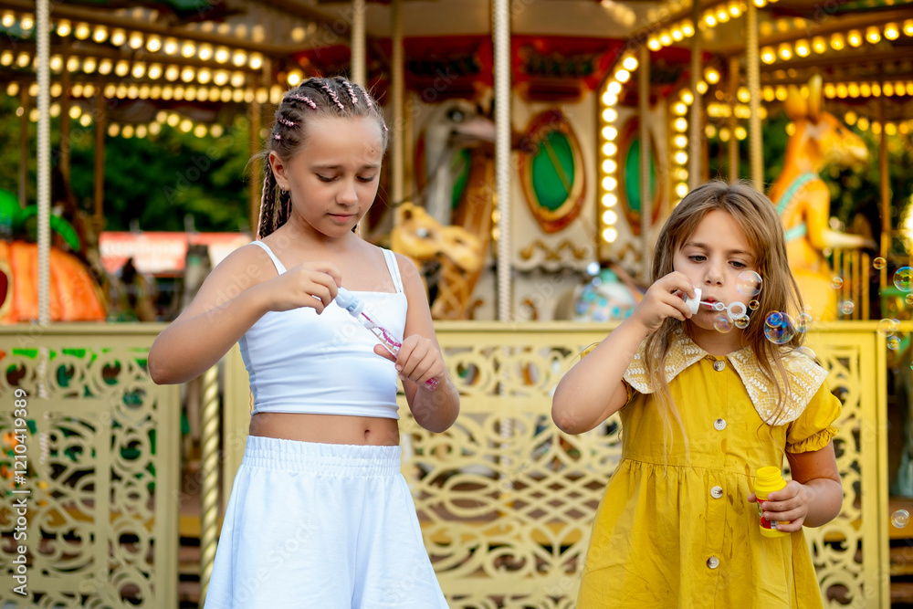Obraz premium children in the amusement park and attractions, happy children inflate soap bubbles and enjoy the holidays and summer, two girls came to the carousel