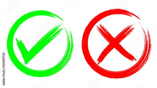 Check Mark, Tick Mark, and Cross Brush Sign: Red Checkmark and Red X Icons, Buttons for Vote, Decision, Election Choice, Web Vector Illustration