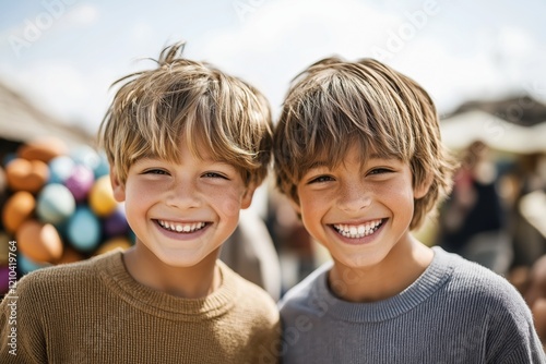 Two young boys celebrate Easter outdoors with smiles amidst colorful eggs and playful bunnies in a city park filled with festive joy photo