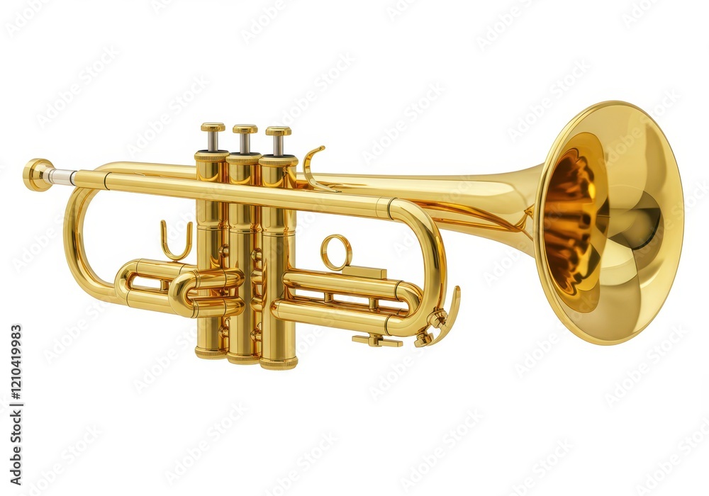 Obraz premium A shiny golden trumpet with intricate valves and a classic bell shape, symbolizing music and art isolated on white background