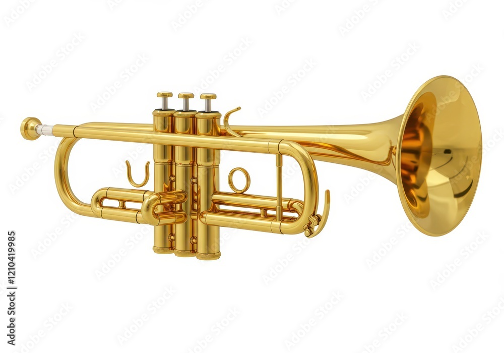 Obraz premium A shiny golden trumpet with intricate valves and a classic bell shape, symbolizing music and art isolated on white background